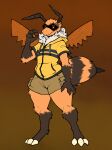  3_toes 4_fingers absurd_res anthro arthropod arthropod_abdomen bee bottomwear cargo_shorts circuit_markings claws clothed clothing exagon_eyes feet fingers fluffy fuzzy hi_res hymenopteran insect levi_the_digi-bee levi_the_digi-bee_(artist) male markings neck_tuft shorts simple_background smile stinger stripes thick_thighs toe_claws toes tuft visor wings 