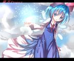  blue_eyes blue_hair bow cirno cloud dress hair_bow highres letterboxed open_mouth short_hair smile solo toufukin touhou wings 