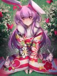  1girl animal_ears bug butterfly commentary_request floral_background floral_print floral_print_kimono fur-trimmed_kimono fur_trim japanese_clothes kimono light_blush light_smile long_hair long_sleeves new_year print_kimono purple_hair rabbit rabbit_ears rabbit_girl red_butterfly red_eyes red_kimono reisen_udongein_inaba solo striped_clothes striped_kimono touhou tree white_kimono white_rabbit_(animal) zukapin 