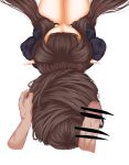  1girl absurdres bare_legs bebekp brown_hair closed_eyes disembodied_hand disembodied_penis fate/apocrypha fate_(series) from_above grabbing_another's_hair hair_bun hair_flowing_over hair_focus highres holding_another's_hair jacket long_hair penis pointy_ears semiramis_(fate) simple_background single_hair_bun sitting suit_jacket very_long_hair white_background 