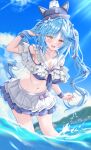  1girl :d alternate_costume bikini bikini_skirt blue_bikini blue_hair blue_hat blue_necktie blue_sky blurry blurry_background bow breasts cloud commentary_request day erin_(sherryseraph) flower frilled_bikini frills hair_bow hair_flower hair_ornament hand_in_own_hair hand_up hat highres hololive large_breasts layered_bikini leaning_forward long_hair looking_at_viewer miniskirt multicolored_hair navel necktie ocean off-shoulder_bikini off_shoulder open_mouth outdoors partially_underwater_shot pleated_skirt pointy_ears sailor_collar short_necktie skirt sky smile solo stomach streaked_hair swimsuit teeth twintails upper_teeth_only very_long_hair virtual_youtuber white_bikini white_sailor_collar white_skirt yellow_eyes yukihana_lamy yukimin_(yukihana_lamy) 