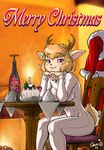  alcohol antlers beverage blonde_hair bodysuit bottle cake cervine christmas deer dr_comet english_text female food hair hat holidays horn mammal red_eyes santa_hat sitting skinsuit solo table tail text wine xmas 