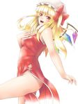  alternate_costume bad_id bad_pixiv_id blonde_hair china_dress chinese_clothes dress flandre_scarlet hat long_hair looking_at_viewer mochi.f no_panties older open_mouth red_eyes side_slit simple_background solo touhou wings 