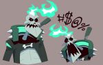  2024 angry animated_skeleton anterior_nasal_aperture black_text bone bust_portrait character_request colored english_description fire flaming_hair gooseworx grawlixes grey_background hi_res humanoid male monkey_wrench_(series) portrait pseudo_hair pupils sharp_teeth simple_background skeleton skull solo spikes teal_eyes teal_fire teeth text undead 