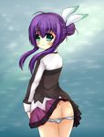  aquarion_(series) aquarion_evol ass blush from_behind geukhan_taeyang green_eyes hair_bun long_hair looking_back mikono_suzushiro panties panty_pull purple_hair school_uniform skirt skirt_lift solo underwear 