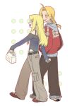  1boy 1girl absurdres ahoge asae_(1313604a) blonde_hair blush_stickers braid braided_ponytail closed_eyes edward_elric full_body fullmetal_alchemist hashtag-only_commentary highres holding holding_pastry_bag hood hoodie jacket long_hair pastry_bag red_jacket shoes smile sneakers walking winry_rockbell yellow_eyes 