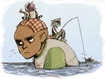  1girl 2boys 2d 2d_(gorillaz) blue_hair fishing food gorillaz hat multiple_boys noodle noodle_(gorillaz) noodles outdoors purple_hair russel_hobbs ship water 