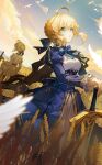  2girls ahoge artoria_pendragon_(fate) blonde_hair blue_bow blue_bowtie blue_dress bow bowtie bun_with_braided_base cat_princess cloud commentary_request dress dual_persona excalibur_(fate/stay_night) fate/stay_night fate_(series) green_eyes hands_on_hilt highres honkai:_star_rail honkai_(series) juliet_sleeves long_sleeves multiple_girls outdoors parted_lips planted planted_sword puffy_sleeves saber_(fate) saber_(honkai:_star_rail)_(fate) sky solo_focus standing sword weapon wheat wheat_field 