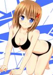  all_fours bikini blue_eyes breasts brown_hair cleavage fang hair_ornament highres lask lyrical_nanoha mahou_shoujo_lyrical_nanoha_strikers medium_breasts short_hair solo swimsuit x_hair_ornament yagami_hayate 