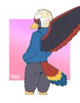 abstract_background accipitrid accipitriform anthro artist_logo avian back_wings beak bird black_eyeliner black_eyes black_makeup blue_cere blue_clothing blue_hoodie blue_tail blue_tail_feathers blue_tail_tip blue_topwear bottomless bottomless_anthro bottomless_male braviary butt cere_(anatomy) closed_smile clothed clothing colored confident confident_male darksidefighter digital_drawing_(artwork) digital_media_(artwork) dipstick_tail eagle eyelashes eyeliner fan_character fan_tail feather_hair feather_tuft feathered_crest feathered_wings feathers feathery_butt generation_5_pokemon glistening glistening_beak glistening_eyes gradient_background grey_body grey_butt grey_face grey_feathers grey_legs grey_neck grey_tuft grey_wings hand_in_pocket head_crest hi_res hood_down hoodie logo looking_at_viewer looking_back looking_back_at_viewer makeup male markings mouth_closed multicolored_body multicolored_feathers multicolored_tail multicolored_tail_feathers multicolored_wings nado_soarian nintendo pink_background pockets pokemon pokemon_(species) pokemorph portrait pseudo_hair pupils purple_background rear_view red_back red_body red_feathered_crest red_feathers red_neck red_tail red_tail_feathers red_wings simple_background smile solo tail tail_feathers tail_markings tan_feather_hair three-quarter_portrait topwear tuft white_background white_feathered_crest white_pupils white_sclera wings yellow_beak yellow_legs yellow_tail yellow_tail_feathers