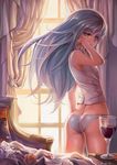  ass back banned_artist bare_shoulders blue_eyes blue_hair book butt_crack chair cup curtains drinking_glass flower hair_ornament hairclip highres long_hair midriff panties petals rainbow_sea rose rose_petals signature skindentation solo underwear white_flower white_panties white_rose wine_glass yinan_cui 