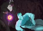  2024 black_body cave claws dorsal_fin dorsal_frill dragon ear_fins entranced fin fongu frill_(anatomy) grey_body hi_res horn hypnosis lying male mind_control multicolored_body muscular mythological_creature mythological_scalie mythology negadrake pecs red_eyes scalie smile spines tongue tongue_out wings 