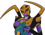  blackarachnia couple cute decepticon decepticon_insignia embrace female gloves green hi_res machine male mechanical pink_eyes plain_background prisonsuit_rabbit purple red_eyes robot transformers transformers_animated waspinator white_background 