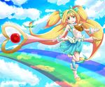  armpits bell blazblue blonde_hair boots cloud cloudy_sky day flat_chest gloves green_eyes kneehighs long_hair low-tied_long_hair magical_girl muchourin platinum_the_trinity quad_tails rainbow skirt sky solo two_side_up wand white_gloves 