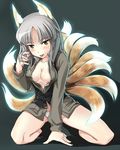 animal_ears brave_witches breasts cleavage edytha_rossmann fox_ears fox_tail hi-ho- large_breasts multiple_tails naughty_face no_bra no_pants open_clothes open_shirt panties saliva shirt silver_hair solo squatting tail tongue underwear world_witches_series 
