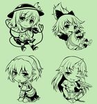  bad_id bad_pixiv_id blush_stickers bow chain chibi green hair_bow hat heart heart_of_string horn hoshiguma_yuugi komeiji_koishi kurodani_yamame long_hair mizuhashi_parsee monochrome multiple_girls one_eye_closed rasahan smile touhou 