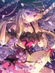  1girl black_bow black_hat blonde_hair blurry bow branch cherry_blossoms commentary_request depth_of_field dress falling_petals feet_out_of_frame frilled_dress frills hair_bow hand_in_own_hair hat hat_ribbon holding holding_umbrella knees light_smile mob_cap neck_ribbon off-shoulder_dress off_shoulder parasol petals pink_petals purple_background purple_dress purple_eyes purple_ribbon red_bow ribbon slit_pupils solo thighs touhou tree umbrella umbrella_over_shoulder yakumo_yukari zukapin 