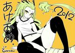  2012 akeome black_legwear chan_co dragon dragon_girl dragon_horns dragon_tail earrings forehead green_hair happy_new_year horns jewelry long_hair midriff monster_girl navel new_year original shirt short_eyebrows sitting slit_pupils solo spread_legs tail thighhighs translated yellow_background yellow_eyes 