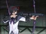  1girl aiming akemi_homura akemi_homura_(magical_girl) black_hair bow_(weapon) building city commentary gun hairband holding holding_bow_(weapon) holding_gun holding_weapon long_hair looking_ahead mahou_shoujo_madoka_magica mahou_shoujo_madoka_magica_(anime) neck_ribbon night one_eye_closed outdoors overcast photo-referenced purple_eyes purple_ribbon red_hairband ribbon shirt shotgun silverxp sky skyscraper solo upper_body weapon white_shirt 