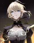 1girl absurdres ahoge artist_name artoria_pendragon_(fate) black_dress blonde_hair breasts dress fate/stay_night fate_(series) gradient_background green_eyes hashtag-only_commentary highres honkai:_star_rail honkai_(series) large_breasts m_alexa parted_lips saber_(fate) short_hair shrug_(clothing) solo upper_body 