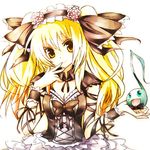  akina_(schism) bad_id bad_pixiv_id blonde_hair breasts colorized copyright_request long_hair medium_breasts musical_note smile solo yellow_eyes 