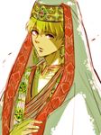  arabian arabian_clothes bad_id bad_pixiv_id blonde_hair cosplay earrings fate/stay_night fate_(series) gilgamesh hood jewelry keffiyeh male_focus miyagi_rie parody red_eyes solo white_background 