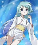  blue_eyes blue_hair dororon_enma-kun finger_to_mouth haruyama_kazunori japanese_clothes kimono long_hair no_panties obi parted_lips pointing sash short_kimono solo sparkle yuki_onna yukiko_hime 