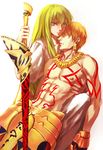  androgynous armor bad_id bad_pixiv_id blonde_hair ea_(fate/stay_night) enkidu_(fate/strange_fake) fate/hollow_ataraxia fate/stay_night fate/strange_fake fate_(series) gauntlets gilgamesh green_eyes green_hair jewelry long_hair male_focus multiple_boys necklace robe shirtless short_hair tattoo white_background yushouxidengjilang 