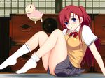  ano_natsu_de_matteru blue_eyes blush bow breasts glasses large_breasts long_hair long_legs niwatori_kokezou panties ponytail red_hair rinon_(ano_natsu_de_matteru) school_uniform sitting skirt socks solo sweater_vest takatsuki_ichika underwear 