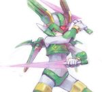  armor dual_wielding energy_blade gloves glowing green_eyes harpuia helmet holding male_focus nemu_(isaya) rockman rockman_zero solo 
