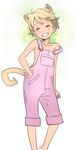  animal_ears blonde_hair blush cat_ears child closed_eyes grin hand_on_hip naked_overalls nishieda original overalls short_hair simple_background smile solo strap_slip tail very_short_hair 