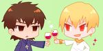  alcohol blonde_hair bracelet brown_eyes brown_hair chibi cross cup drinking_glass empty_eyes fang fate/zero fate_(series) gilgamesh jewelry jitome kotomine_kirei lowres male_focus multiple_boys necklace red_eyes sparkle wine wine_glass yuuto_(sky_cloister) 