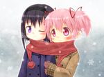  akemi_homura arm_grab bad_id bad_pixiv_id black_hair blush gloves hair_ribbon hairband jacket kaname_madoka mahou_shoujo_madoka_magica multiple_girls one_eye_closed pink_eyes pink_hair purple_eyes red_scarf ribbon scarf shared_scarf smile snowing tsuyushiro twintails upper_body 