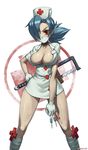  breasts cleavage dress hair_over_one_eye hat highres large_breasts mask nurse red_eyes short_dress skullgirls solo speh symbol-shaped_pupils syringe valentine_(skullgirls) 