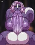  absurd_res anthro areola artist_name balls bedroom_eyes big_breasts big_penis black_nose blurred_background bodily_fluids breasts dripping erection fluffy fluffy_tail foreskin fur genital_fluids genital_focus genitals green_eyes gynomorph hair hi_res huge_breasts huge_penis inner_ear_fluff intersex jacinda_zefi lips looking_at_viewer mammal markings mephitid multicolored_body multicolored_fur multicolored_tail narrowed_eyes nipples partially_retracted_foreskin penis penis_focus pink_hair precum precum_drip presenting presenting_penis purple_areola purple_body purple_ears purple_fur purple_lips purple_nipples purple_penis purple_tail seductive sitting skunk smile smiling_at_viewer solo striped_body striped_fur striped_markings striped_skunk striped_tail stripes tail tail_markings text thick_thighs tridark tuft vein veiny_penis white_balls white_body white_fur white_inner_ear_fluff white_tail year 