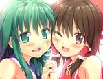  2girls blush bow brown_eyes brown_hair cheek-to-cheek colored_eyelashes commentary_request green_eyes green_hair hair_bow hair_ornament hair_tubes hakurei_reimu heads_together holding_hands interlocked_fingers kochiya_sanae madara_hio multiple_girls one_eye_closed short_hair smile snake touhou upper_body 