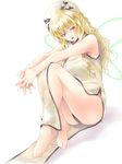  alternate_costume bad_id bad_pixiv_id bare_legs barefoot black_panties blonde_hair china_dress chinese_clothes dress full_body hat long_hair looking_at_viewer luna_child mochi.f older panties red_eyes simple_background sitting solo touhou underwear 