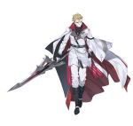  1boy aiguillette alpha_transparency belt black_boots blonde_hair boots cape carantisir_(counter:side) commentary counter:side flower full_body gloves hair_between_eyes hair_slicked_back holding holding_sword holding_weapon jacket knee_boots lapels long_sleeves looking_at_viewer male_focus official_art pants red_cape rose simple_background standing sword tachi-e tailcoat transparent_background weapon white_cape white_flower white_gloves white_jacket white_pants white_rose 