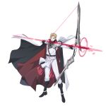  1boy aiguillette alpha_transparency attack belt black_boots blonde_hair boots bow_(weapon) cape carantisir_(counter:side) commentary counter:side drawing_bow energy_arrow floating_cape flower full_body gloves hair_between_eyes hair_slicked_back holding holding_bow_(weapon) holding_weapon jacket knee_boots lapels long_sleeves looking_at_viewer male_focus official_art pants red_cape rose simple_background standing tachi-e tailcoat transforming_weapon transparent_background weapon white_cape white_flower white_gloves white_jacket white_pants white_rose 
