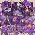  5girls artist_request bang_dream! black_dress black_eyes black_hair brown_hair dress fire flower full_body green_eyes grey_hair hair_ornament hikawa_sayo imai_lisa long_hair minato_yukina multiple_girls official_art open_mouth orange_eyes purple_hair red_eyes roselia_(bang_dream!) shirokane_rinko shoes twintails udagawa_ako yellow_eyes 