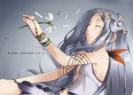  blue_hair bracelet closed_eyes copyright_name final_fantasy final_fantasy_xiii final_fantasy_xiii-2 flat_chest flower hayashi_custom headwear jewelry long_hair lying navel on_side paddra_nsu-yeul petals sleeping solo 