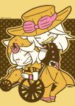  2boys absurdres arm_warmers beanie beard belt_buckle blush buckle chibi chibi_only clenched_teeth closed_eyes commentary cowboy_hat facial_hair goggles goggles_on_headwear gold_teeth grin gyro_zeppeli hat highres hood hood_down hoodie horseshoe_hat_ornament horseshoe_ornament johnny_joestar jojo_no_kimyou_na_bouken limited_palette long_hair m_a_a_m_8 male_focus medium_hair multiple_boys pants short_sleeves sitting smile spurs standing star_(symbol) star_print steel_ball_run symbol-only_commentary teeth wheelchair yellow_theme 
