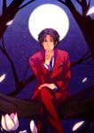  1boy bad_id bad_pixiv_id bangs blue_eyes brown_hair command_spell fate/zero fate_(series) formal full_moon hand_on_own_chin highres male_focus moon night night_sky parted_bangs sitting sky suit toosaka_tokiomi tree 