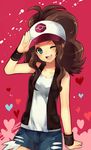  ;d aqua_eyes baseball_cap brown_hair denim denim_shorts exposed_pocket hat heart ju-zika long_hair one_eye_closed open_mouth pokemon pokemon_(game) pokemon_bw ponytail salute shirt shorts smile solo touko_(pokemon) vest wristband 