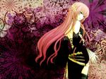  abstract_background backless_outfit belt black_legwear blue_eyes cross-laced_clothes detached_sleeves frilled_sleeves frills hair_ornament hitoha long_hair megurine_luka nail_polish parted_lips pink_hair side_slit solo thighhighs vocaloid 