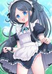  1girl :d absurdres apron aqua_halo aqua_ribbon aris_(blue_archive) aris_(maid)_(blue_archive) back_bow black_dress black_hair black_wrist_cuffs blue_archive blue_eyes blue_sky blush bow breasts clothes_lift cloud cloudy_sky collared_dress commentary cowboy_shot dress dress_lift floating_hair frilled_apron frilled_dress frills halo highres lifting_own_clothes long_hair long_sidelocks looking_at_viewer maid maid_apron maid_headdress natsuki_rin_(artist) neck_ribbon number_print open_mouth parted_bangs ponytail puffy_short_sleeves puffy_sleeves rectangular_halo ribbon short_sleeves sidelocks sky small_breasts smile solo very_long_hair white_apron white_bow white_headdress wrist_cuffs 