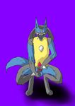  balls canine canine_penis gay jackal knot lucario male mammal masturbation nintendo nude penis pok&#233;mon pok&eacute;mon purple_background red_eyes solo video_games 