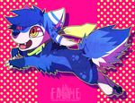  ambiguous_gender blue_fur canine cub falvie feral fionbri fur mammal scarf solo tail yellow_eyes young 