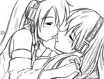  2girls blush commentary_request greyscale hatsune_miku headphones holding_hands interlocked_fingers kit_(studio) long_hair megurine_luka monochrome multiple_girls vocaloid yuri 