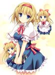  alice_margatroid apron blonde_hair blue_eyes blue_skirt book bow capelet doll hair_bow hairband long_hair open_mouth sash shanghai_doll short_hair skirt smile solo touhou tsukiji v_arms 